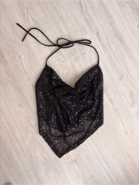 Black Backless Cowl Sequin Halter Top